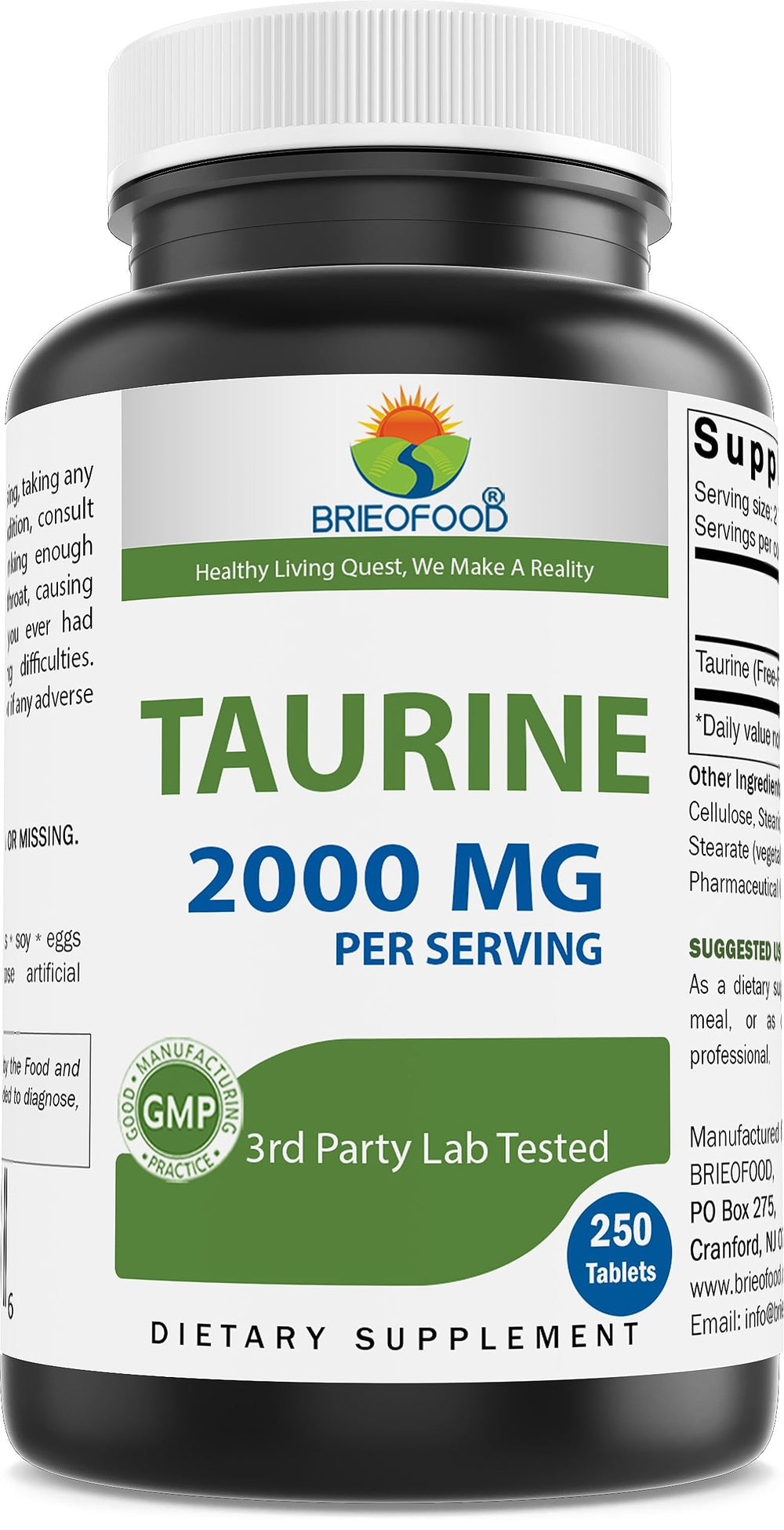 Brieofood Taurine 2000 mg per serving bottle front view