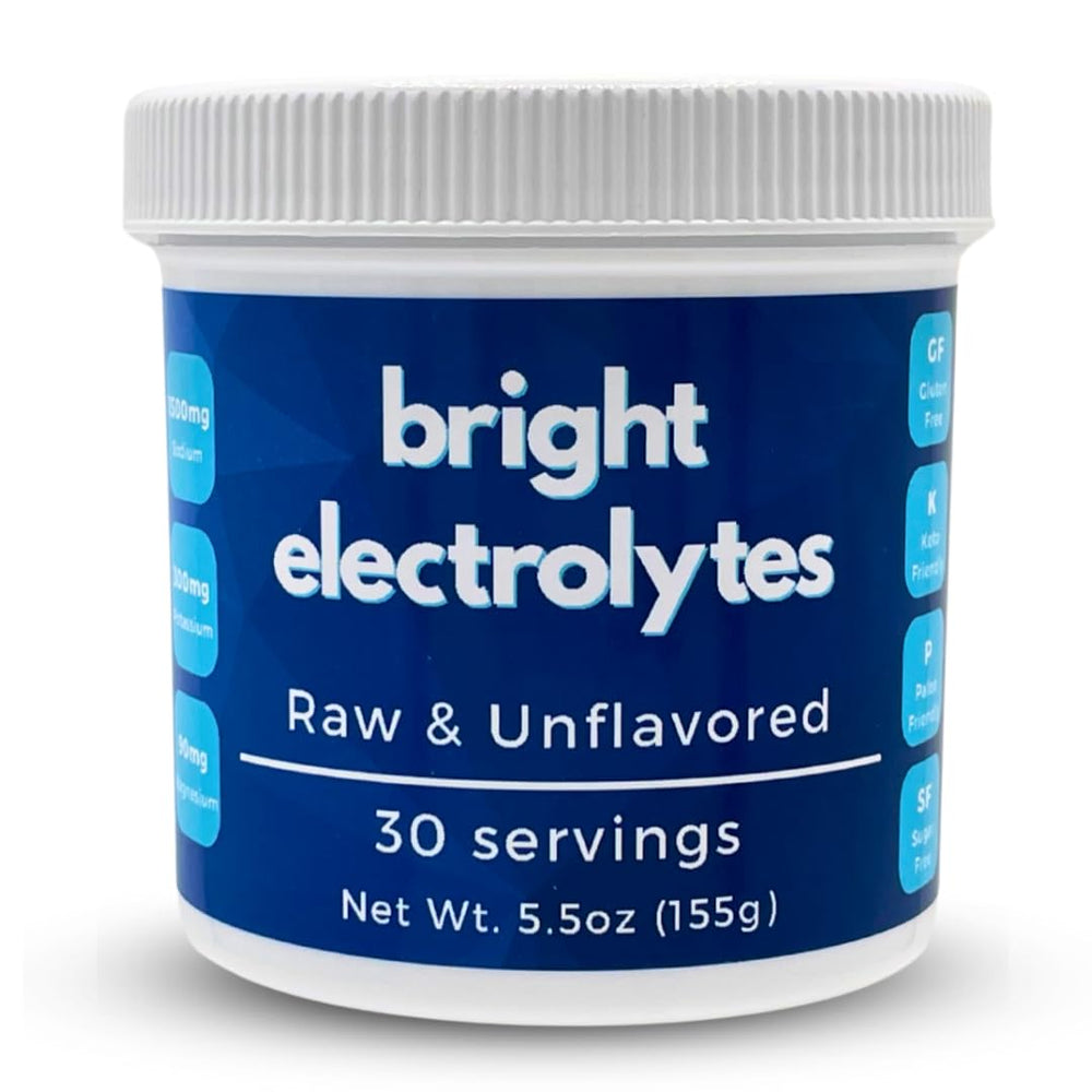Bright Electrolytes hydration powder bottle shows raw minerals for daily hydration