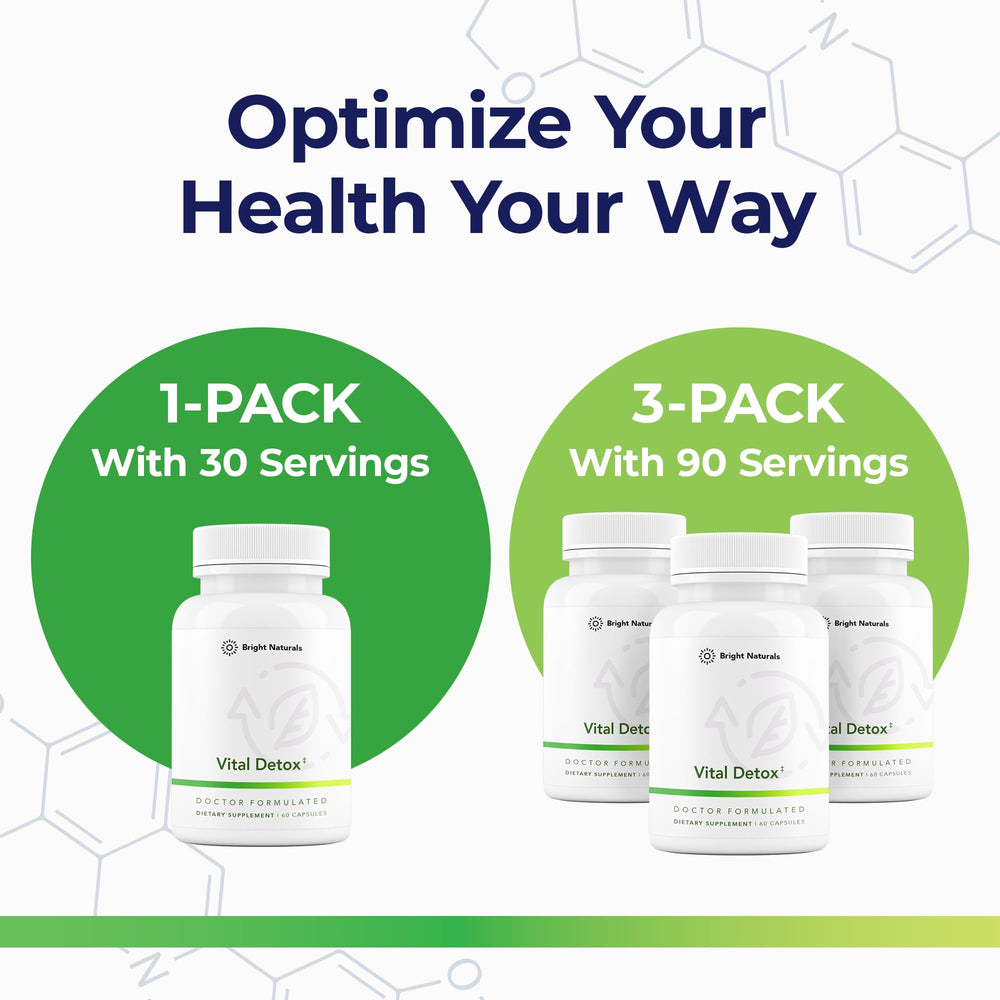 Bright Naturals Vital Detox healthy-skin and energy capsules indicating skin tone and vitality support.