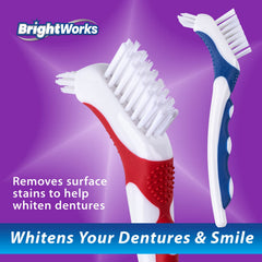 Blue manual denture brush with two brush heads in display