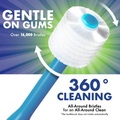 Close-up of round head and soft bristles on Royal Blue kids toothbrush