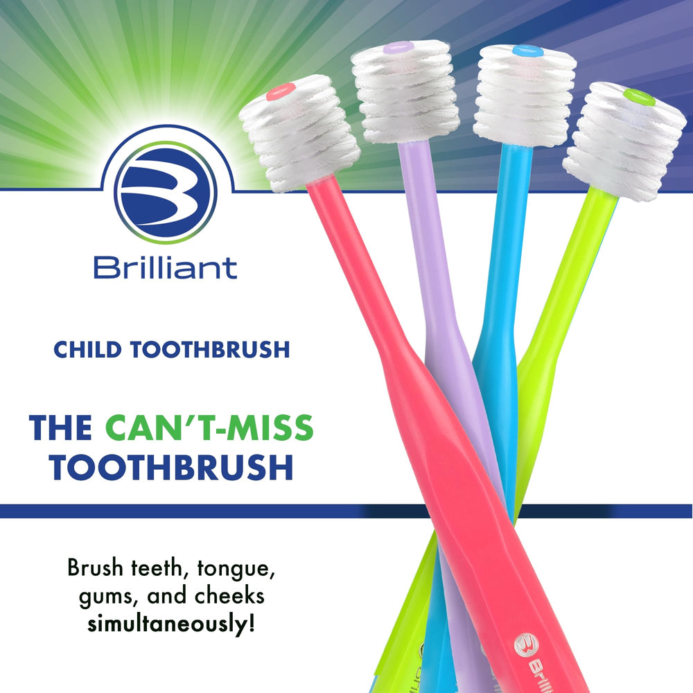 Back packaging view of Brilliant Oral Care Bundle 3-pack child toothbrushes