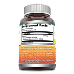 Bromelain 500 mg tablets bottle label showing Non-GMO and Gluten-Free
