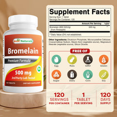 Back label with supplement facts on Best Naturals Bromelain bottle