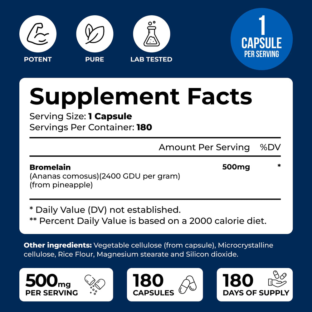 Bromelain 500mg capsules packaging with 180 capsules