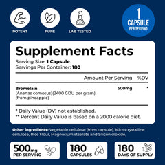 Bromelain 500mg capsules packaging with 180 capsules