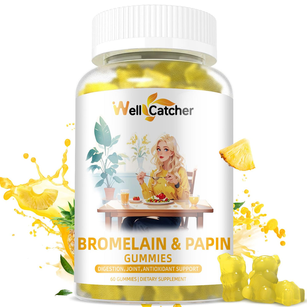 Bottle of bromelain and papain enzyme gummies label close-up