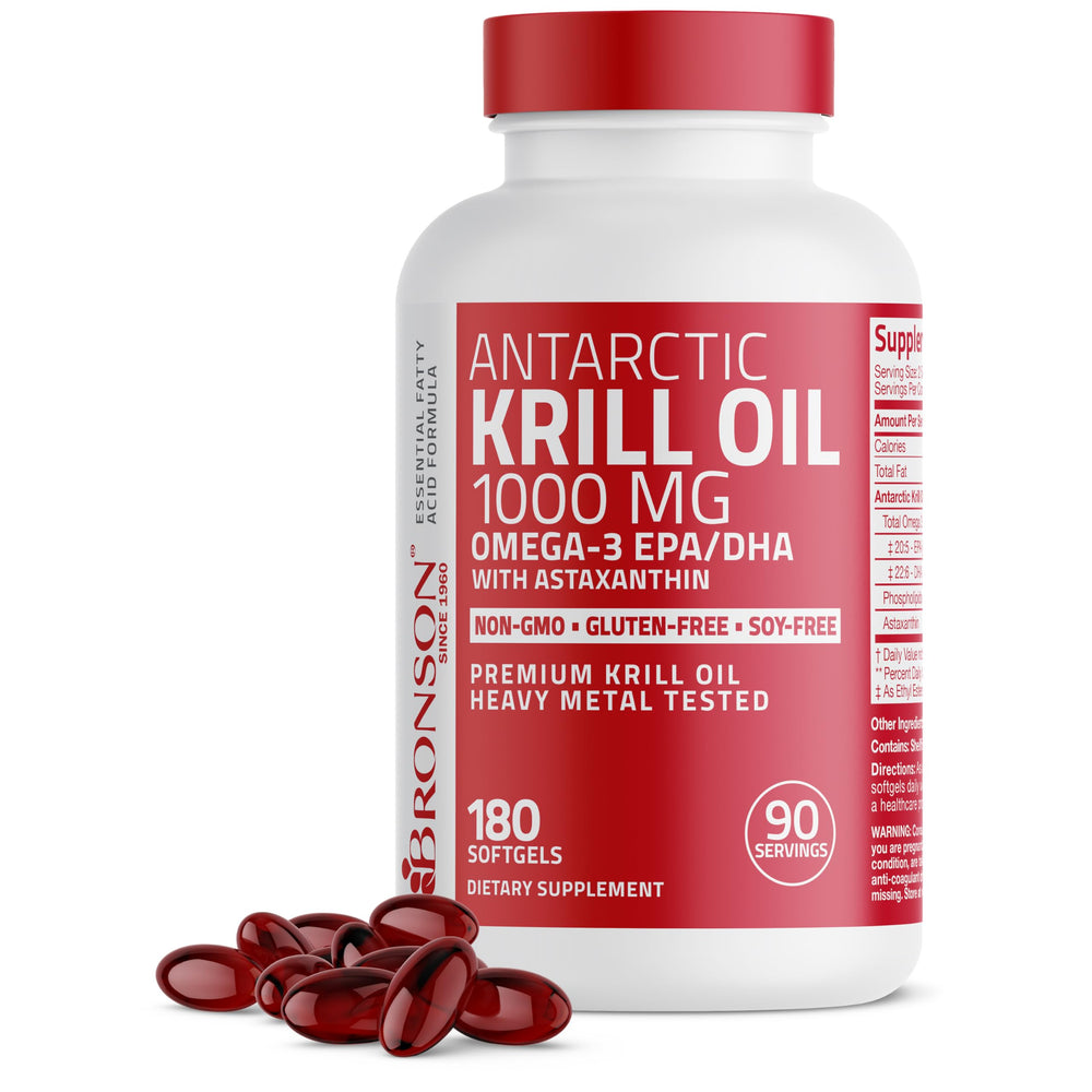 Bronson Antarctic Krill Oil bottle with 180 softgels
