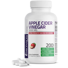 Bronson Apple Cider Vinegar 3000 mg tablets bottle on countertop for daily wellness.