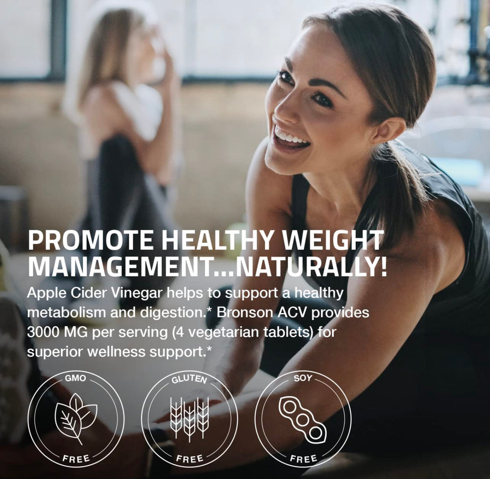 Bronson Apple Cider Vinegar 3000 mg tablets label shows non-GMO and vegan-friendly formula.