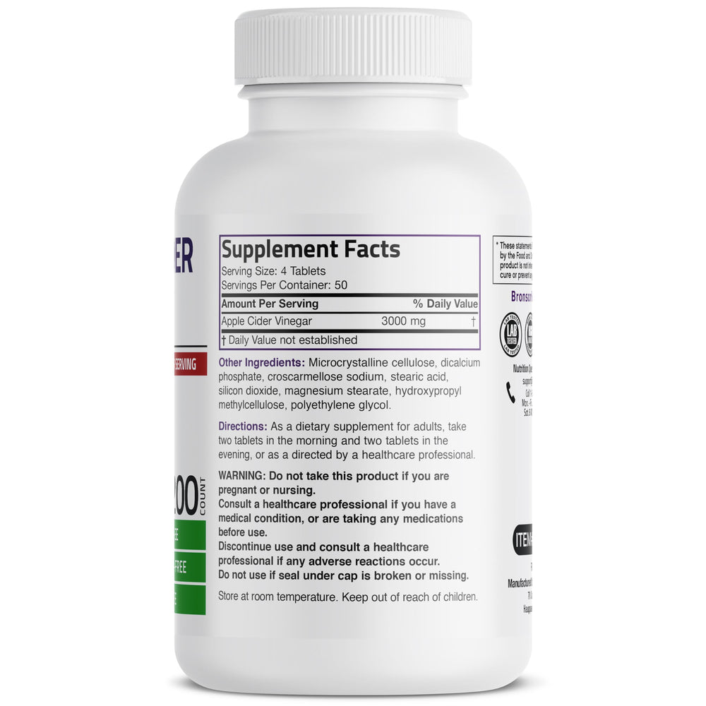 Bronson Apple Cider Vinegar 3000 mg tablets being poured into water for easy intake.