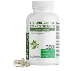 Bronson Ashwagandha Extra Strength bottle with 360 vegetarian capsules - front view
