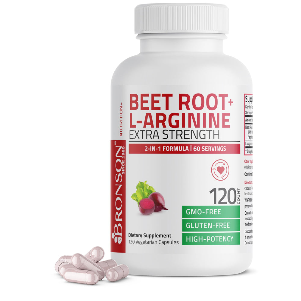 Bronson Beet Root + L-Arginine 120-vegetarian capsules bottle front view