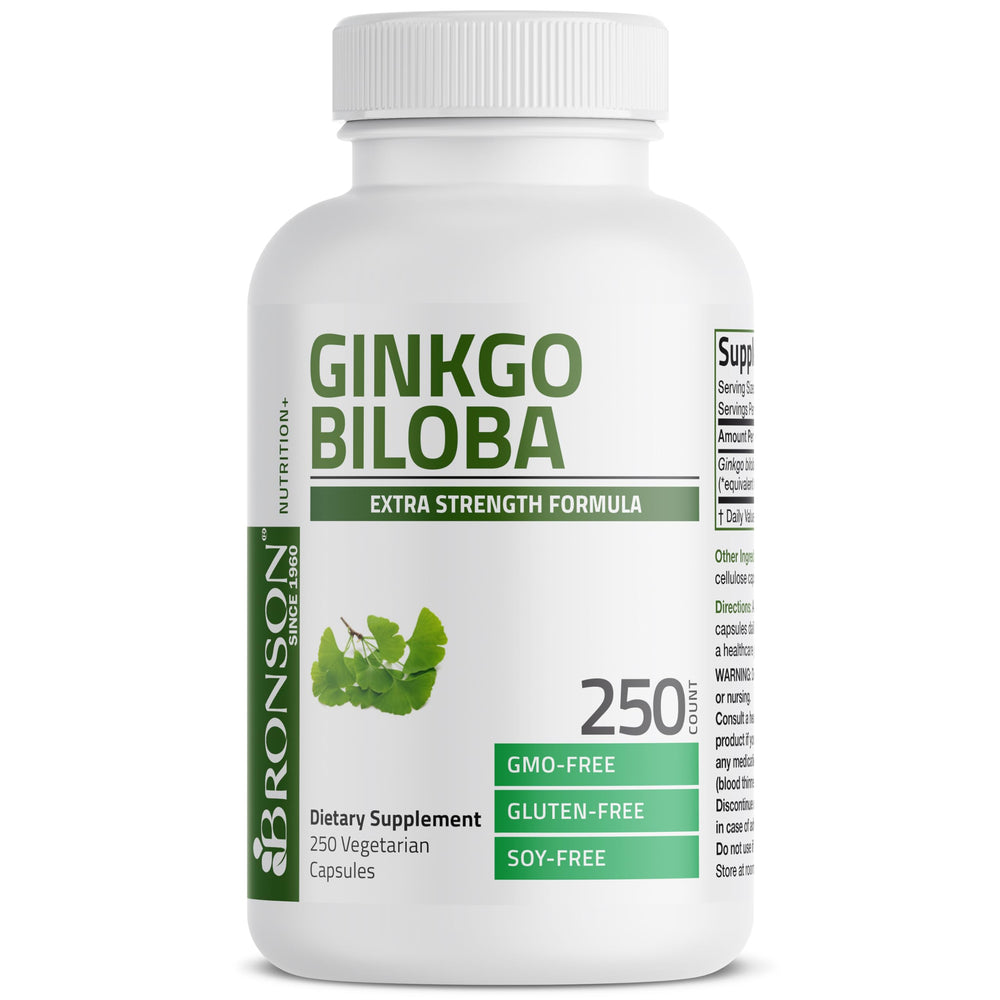 Bronson Ginkgo Biloba capsules closeup shows 250 vegetarian capsules.