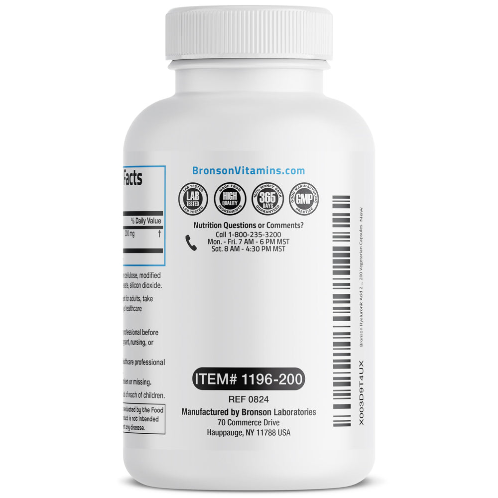 Close-up of Hyaluronic Acid label showing 200 mg dosage