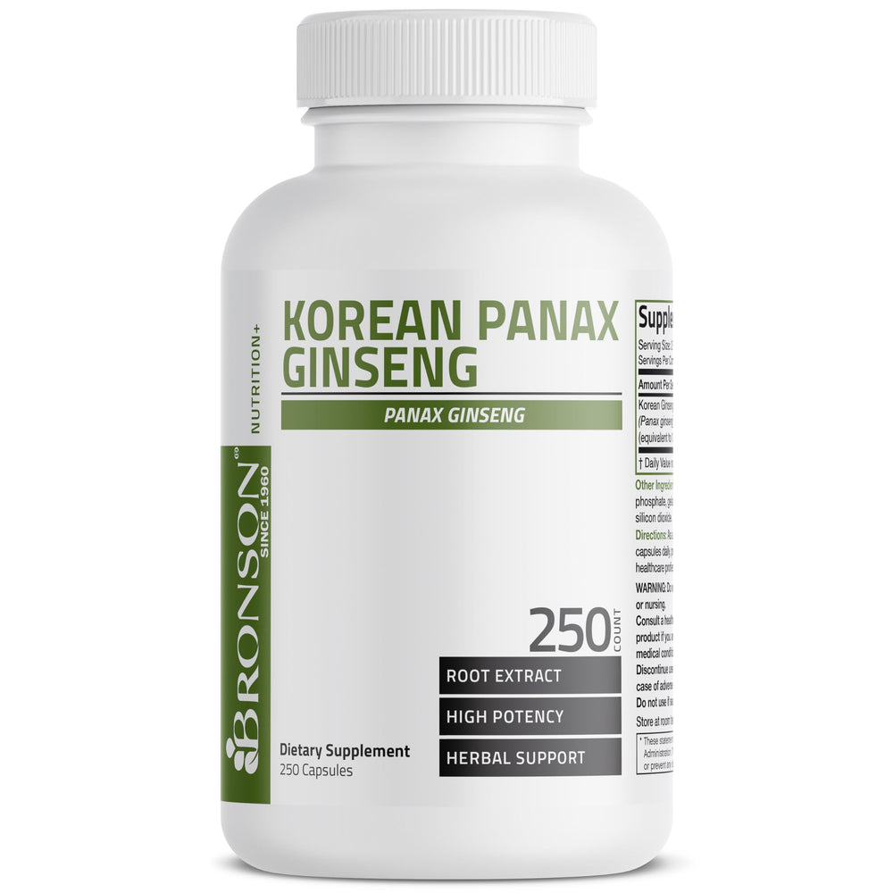 Korean Panax Ginseng capsules on white background
