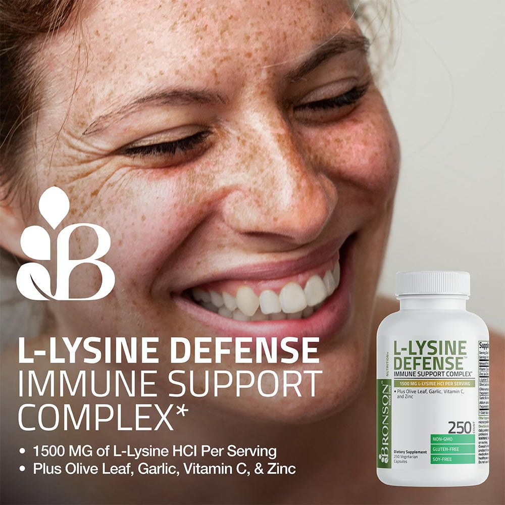 Bronson L-Lysine Defense olive leaf visual suggests natural immune ingredients