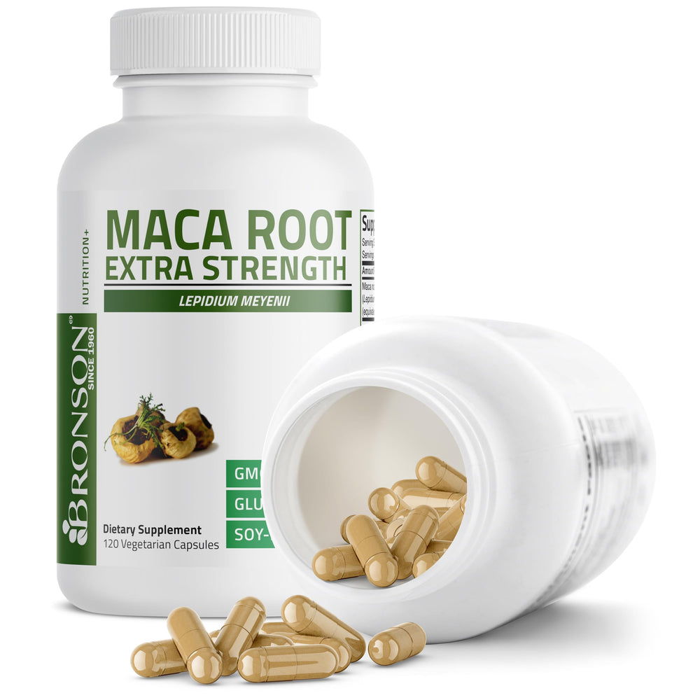 Back panel with ingredients and dosage on Bronson Maca Root bottle