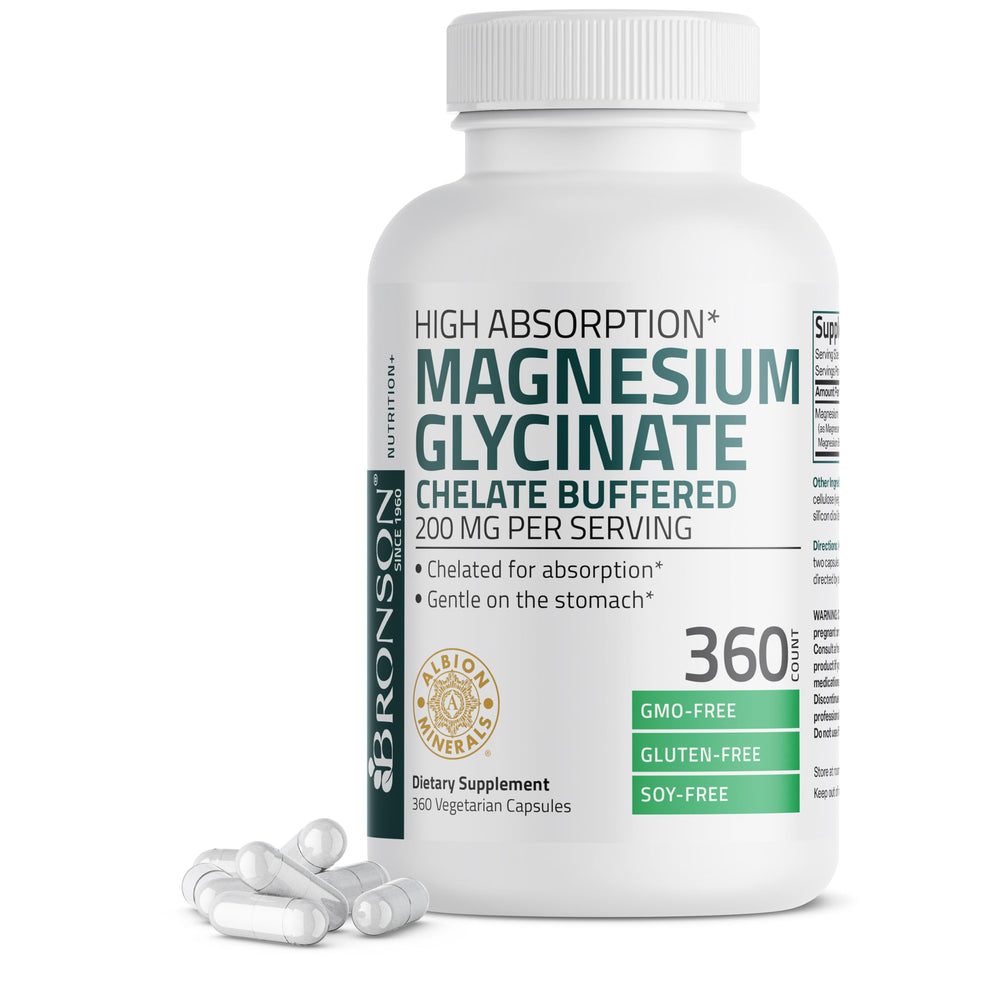 Bronson Magnesium Glycinate bottle front shows high-absorption chelates.