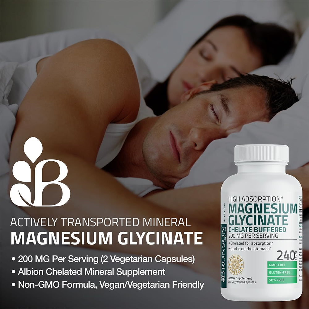 Bronson Magnesium Glycinate bottle side label notes non-GMO and allergen info.