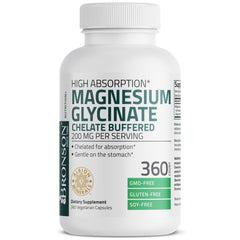 Bronson Magnesium Glycinate non-GMO label on bottle close-up.
