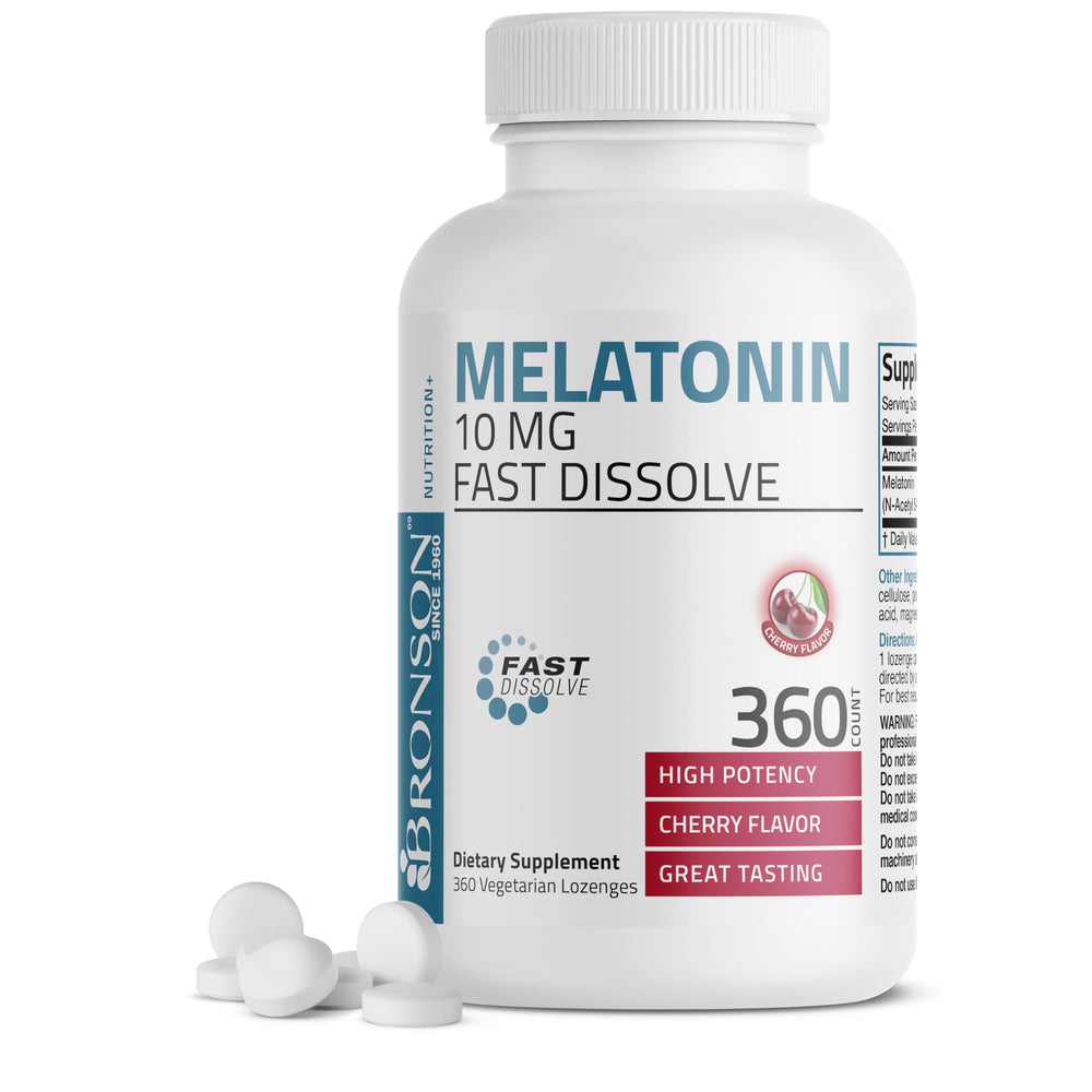Bronson Melatonin 10mg fast-dissolve cherry chewable tablets bottle label