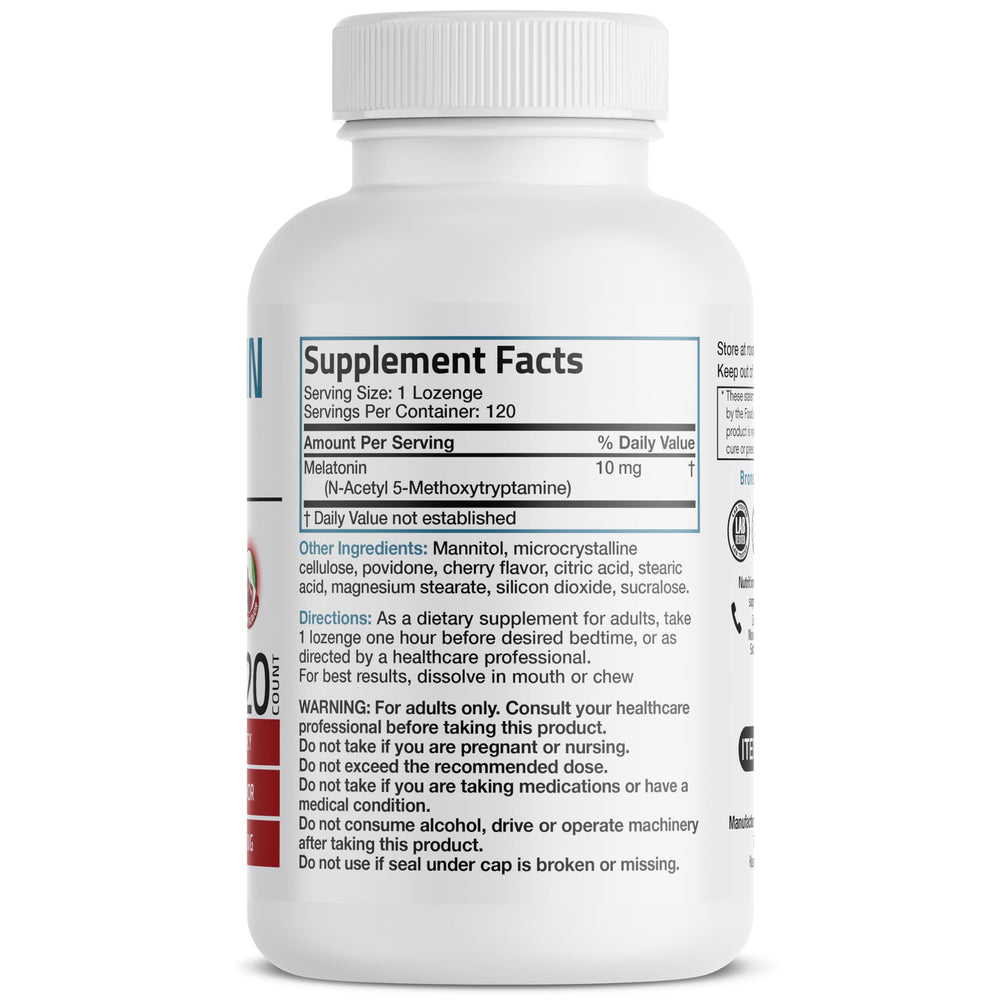 Close-up of Bronson Melatonin 10mg cherry flavored chewable tablets