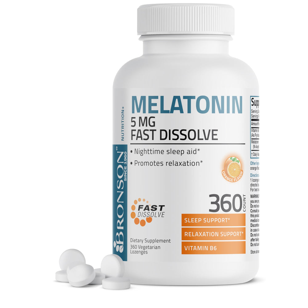 Front view of Bronson Melatonin 5 mg orange lozenges bottle
