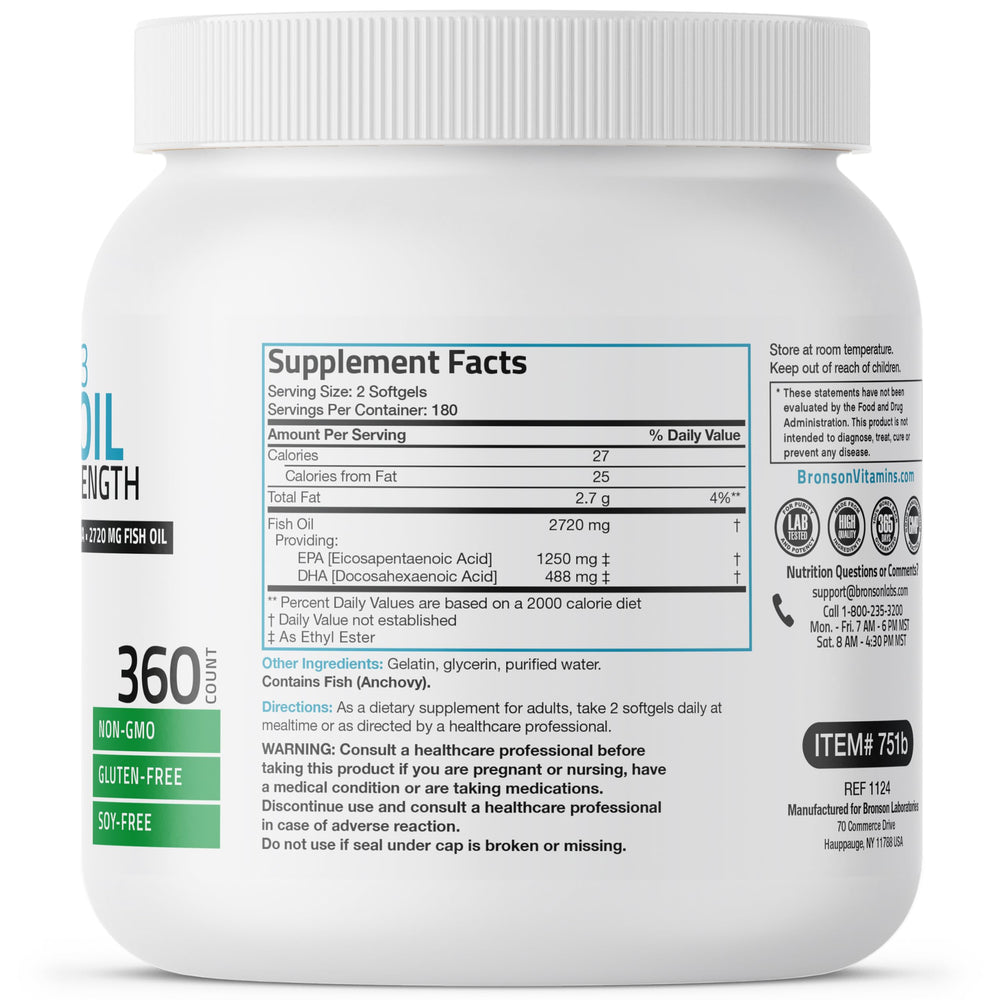 Close-up of bottle label highlighting 2720 mg total Omega-3 per serving