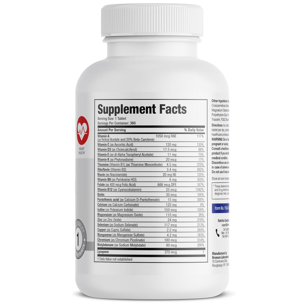 Bronson ONE Daily Mens 50+ complete multivitamin 360 tablets back panel