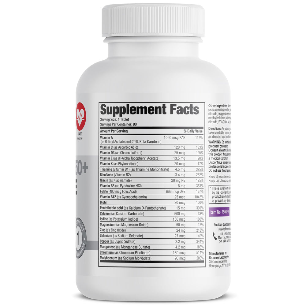 Back label and supplement facts of Bronson ONE Daily Women's 50+ 90-tablet bottle