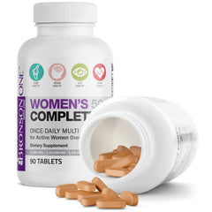 Bottle of Bronson ONE Daily Women's 50+ 90-tablets on white background