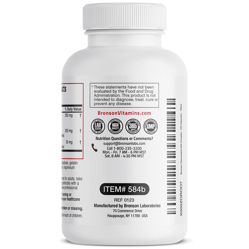 Gluten-free, GMO-free, and soy-free Bronson Resveratrol 500 Complex label