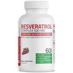 Vegan, gluten-free, GMO-free Bronson Resveratrol Complex packaging