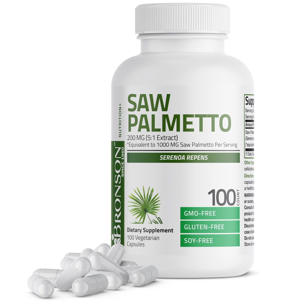 Bronson Saw Palmetto Extra Strength bottle label—Non-GMO, Gluten-Free, Soy-Free