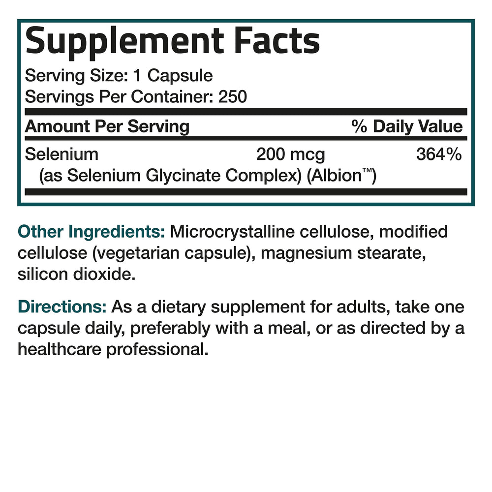 Bottle of Bronson Selenium 250 vegetarian capsules with label