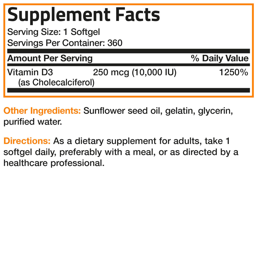 Bronson Vitamin D3 360 softgels bottle displaying 1-year supply