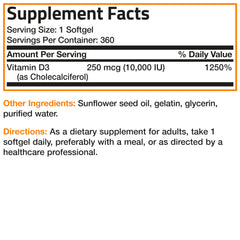 Bronson Vitamin D3 360 softgels bottle displaying 1-year supply