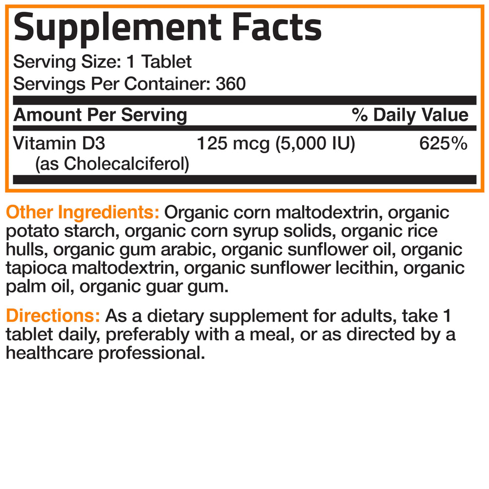 Back panel nutrition facts of Bronson Vitamin D3 bottle