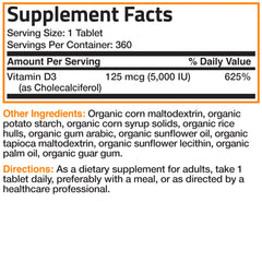 Back panel nutrition facts of Bronson Vitamin D3 bottle