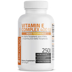 Vitamin E antioxidant supplement bottle on white background