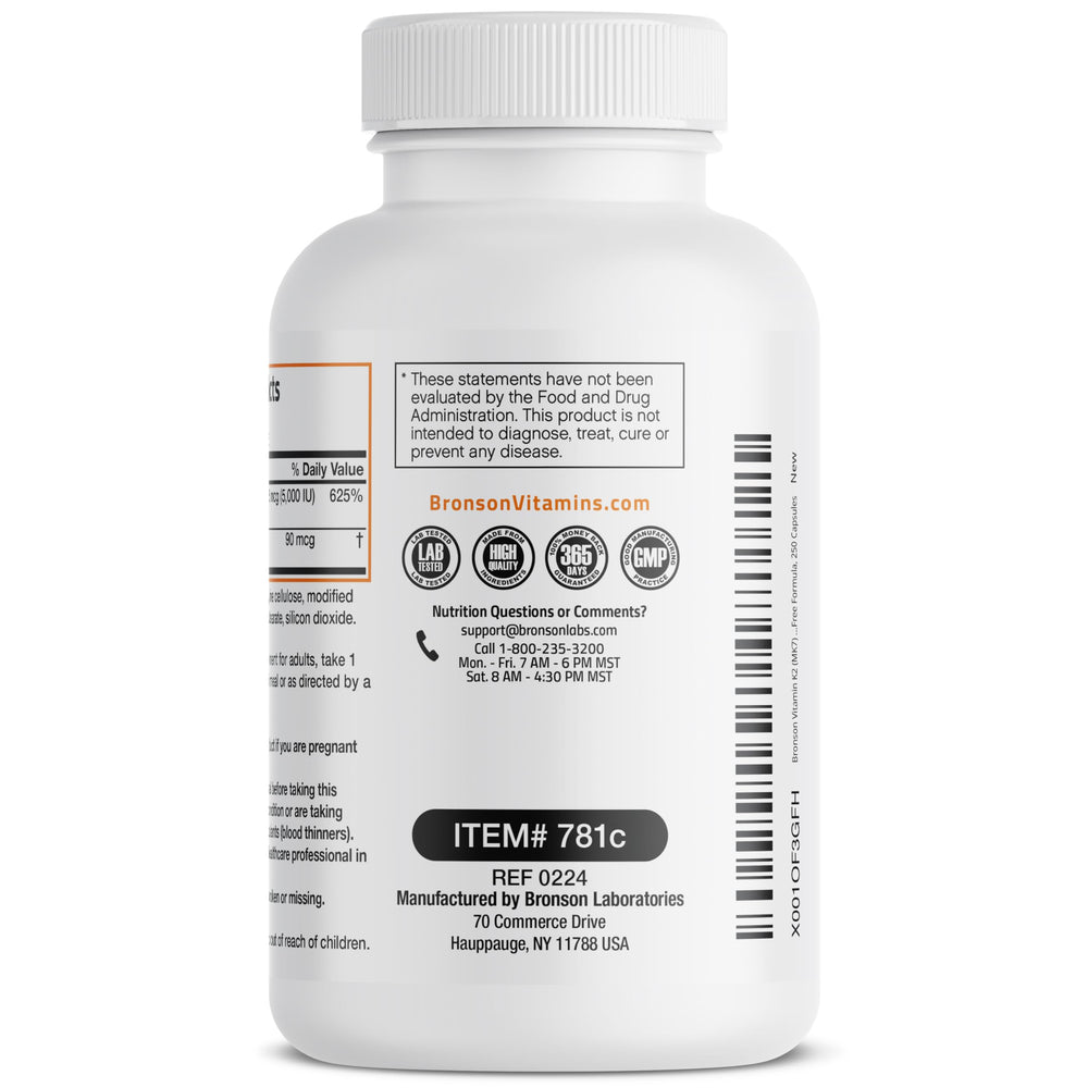 Bronson Vitamin K2 D3 info card with essential product details