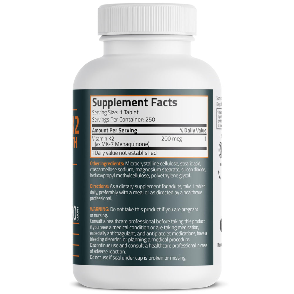 Bottle and label of Bronson Vitamin K2 MK-7 Extra Strength 200 mcg vegetarian tablets
