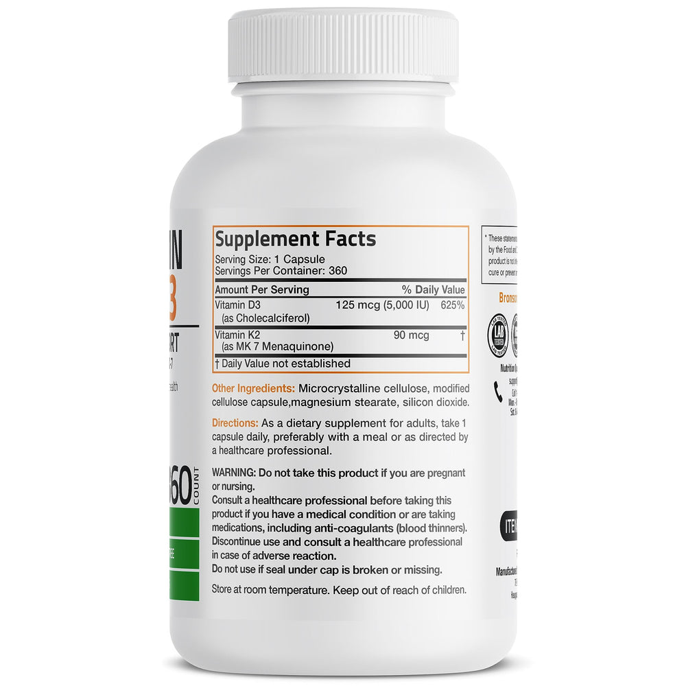 Bronson Vitamin K2 MK-7 with D3 bottle – side angle