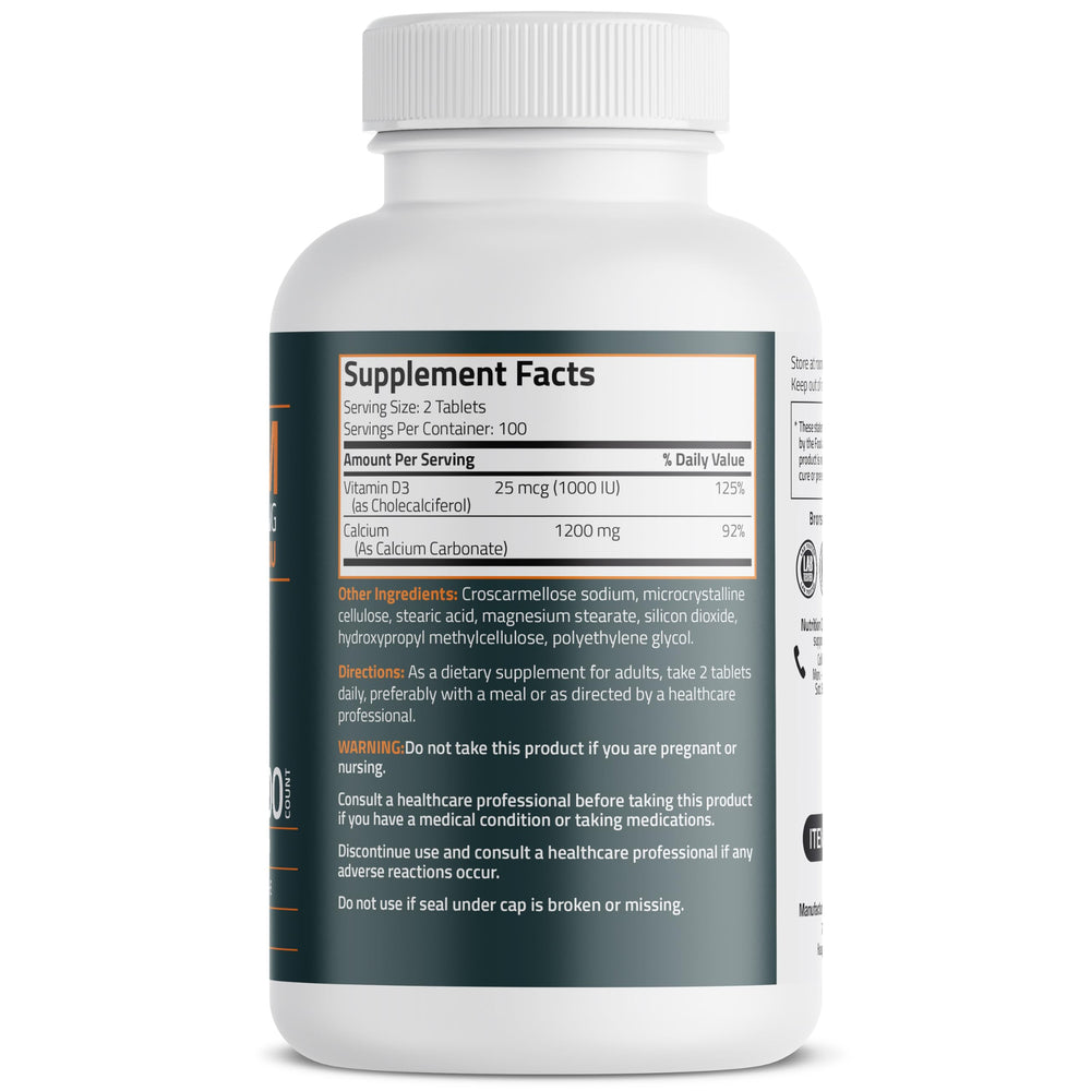 Close-up of Bronson Calcium Plus Vitamin D3 bottle label