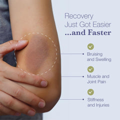 Close-up of BruiseMD Arnica 1000mg and Bromelain 500mg capsules