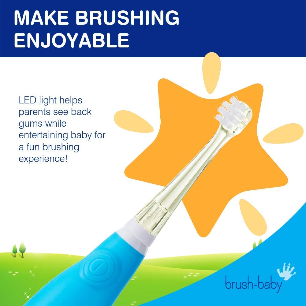 Includes replaceable brush heads for babies 0-18 months and toddlers 18-36 months