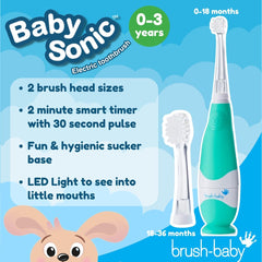 Angled view of brush-baby BabySonic teal toothbrush