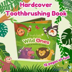 Child happily brushing teeth with the WildOnes gift set