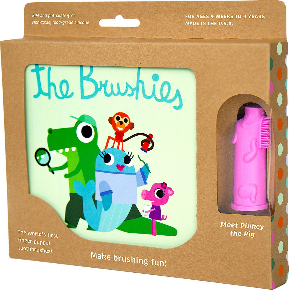 Front view of Brushies Pinkey Pig toddler toothbrush and storybook set